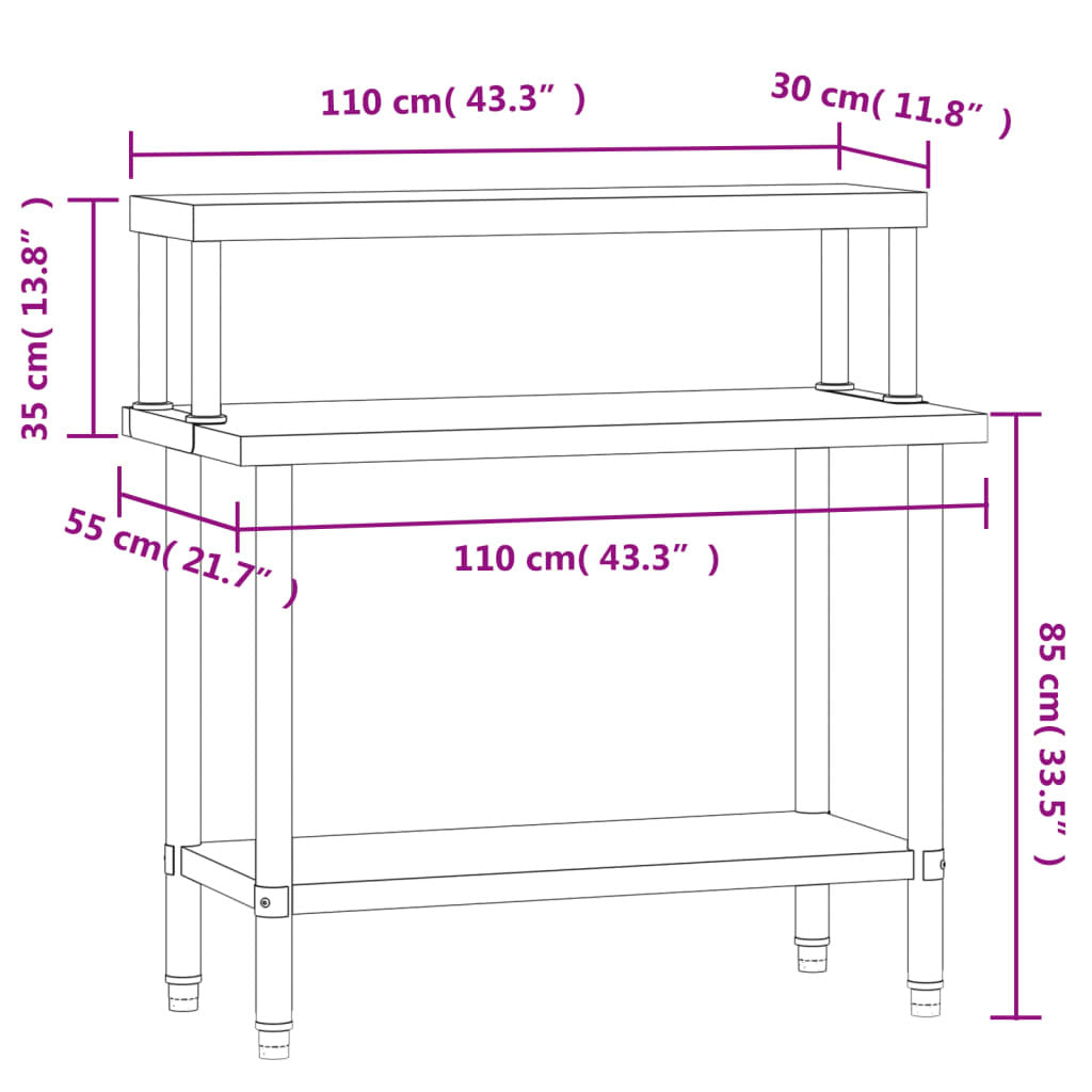 Kitchen Work Table with Overshelf 43.3"x21.7"x47.2" Stainless Steel
