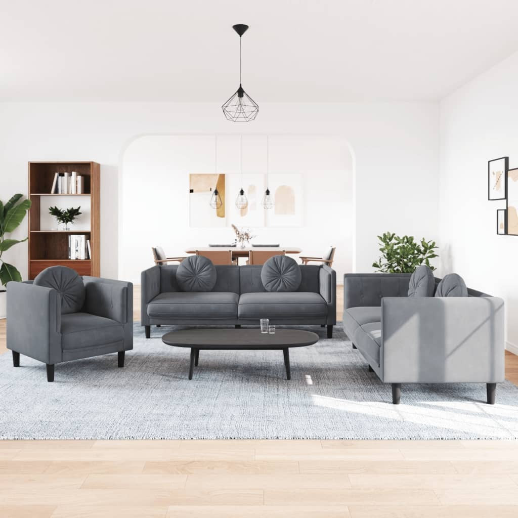 3 Piece Sofa Set with Pillows Dark Gray Velvet