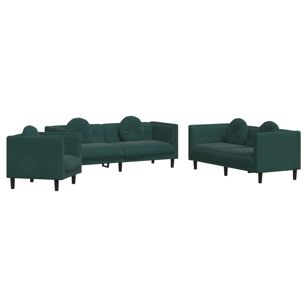 3 Piece Sofa Set with Pillows Dark Green Velvet