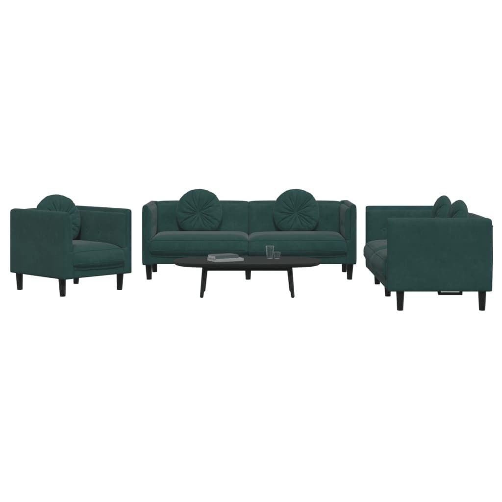 3 Piece Sofa Set with Pillows Dark Green Velvet