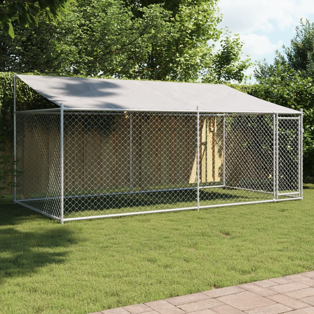 Dog Cage with Roof and Door Gray 13.1'x6.6'x6.6'Galvanized Steel