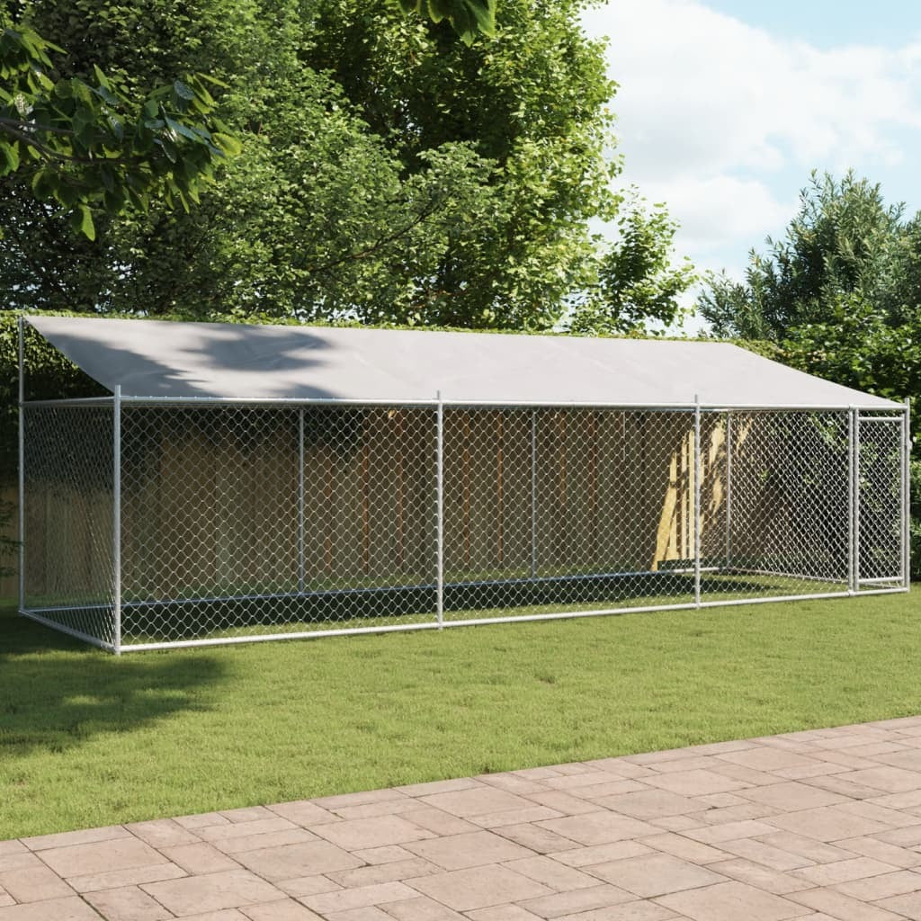 Dog Cage with Roof and Door Gray 19.7'x6.6'x6.6'Galvanized Steel