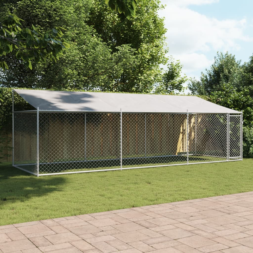 Dog Cage with Roof and Door Gray 19.7'x6.6'x6.6'Galvanized Steel