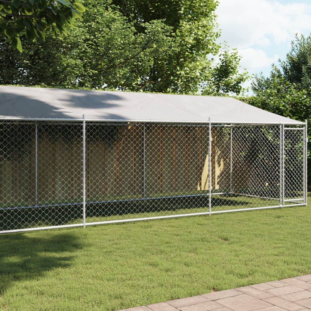 Dog Cage with Roof and Door Gray 26.2'x6.6'x6.6'Galvanized Steel