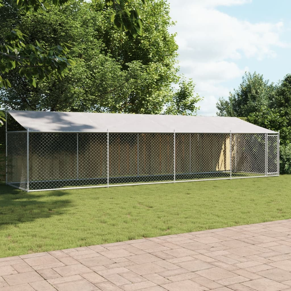 Dog Cage with Roof and Door Gray 26.2'x6.6'x6.6'Galvanized Steel