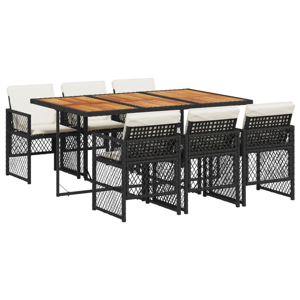 Garden Dining Set Black, Cream White PE Rattan, Steel, Acacia Wood