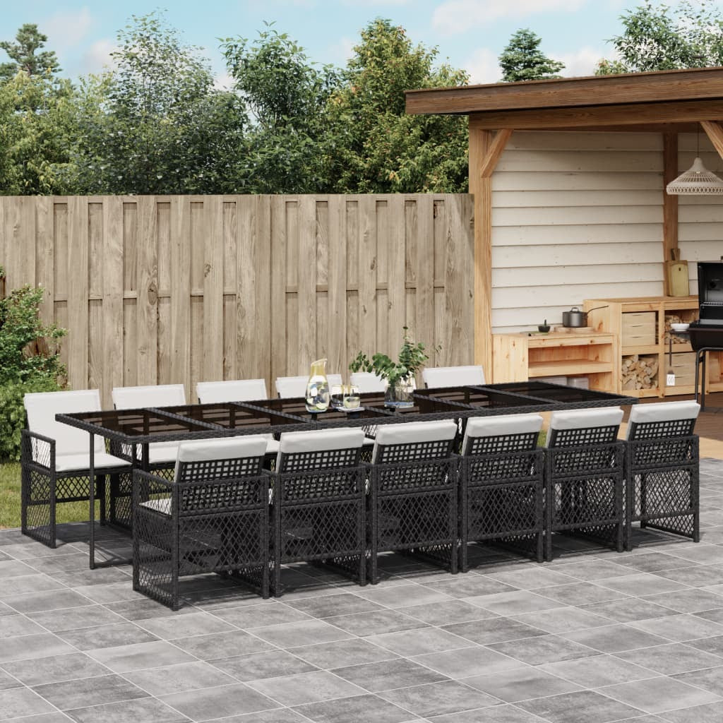 13 Piece Patio Dining Set with Cushions Black Poly Rattan