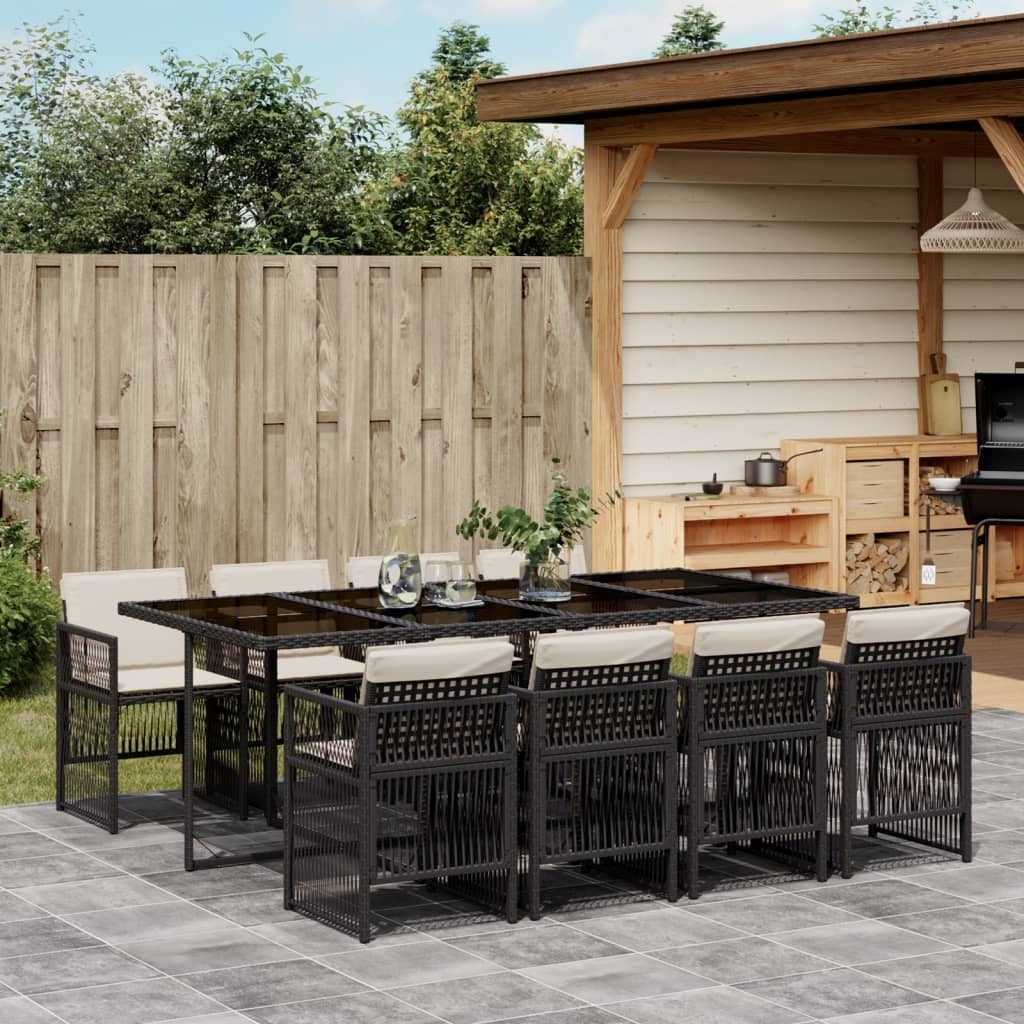 9 Piece Patio Dining Set with Cushions Black Poly Rattan