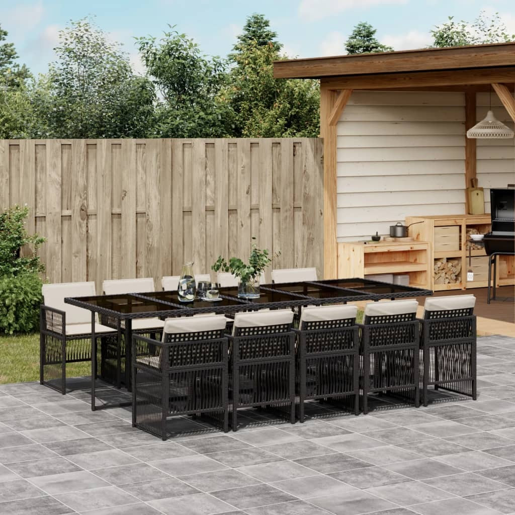 11 Piece Patio Dining Set with Cushions Black Poly Rattan