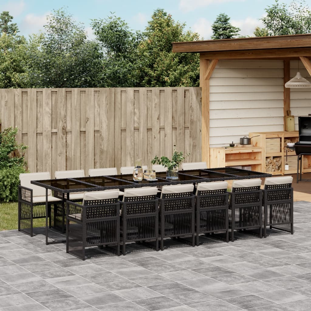 13 Piece Patio Dining Set with Cushions Black Poly Rattan