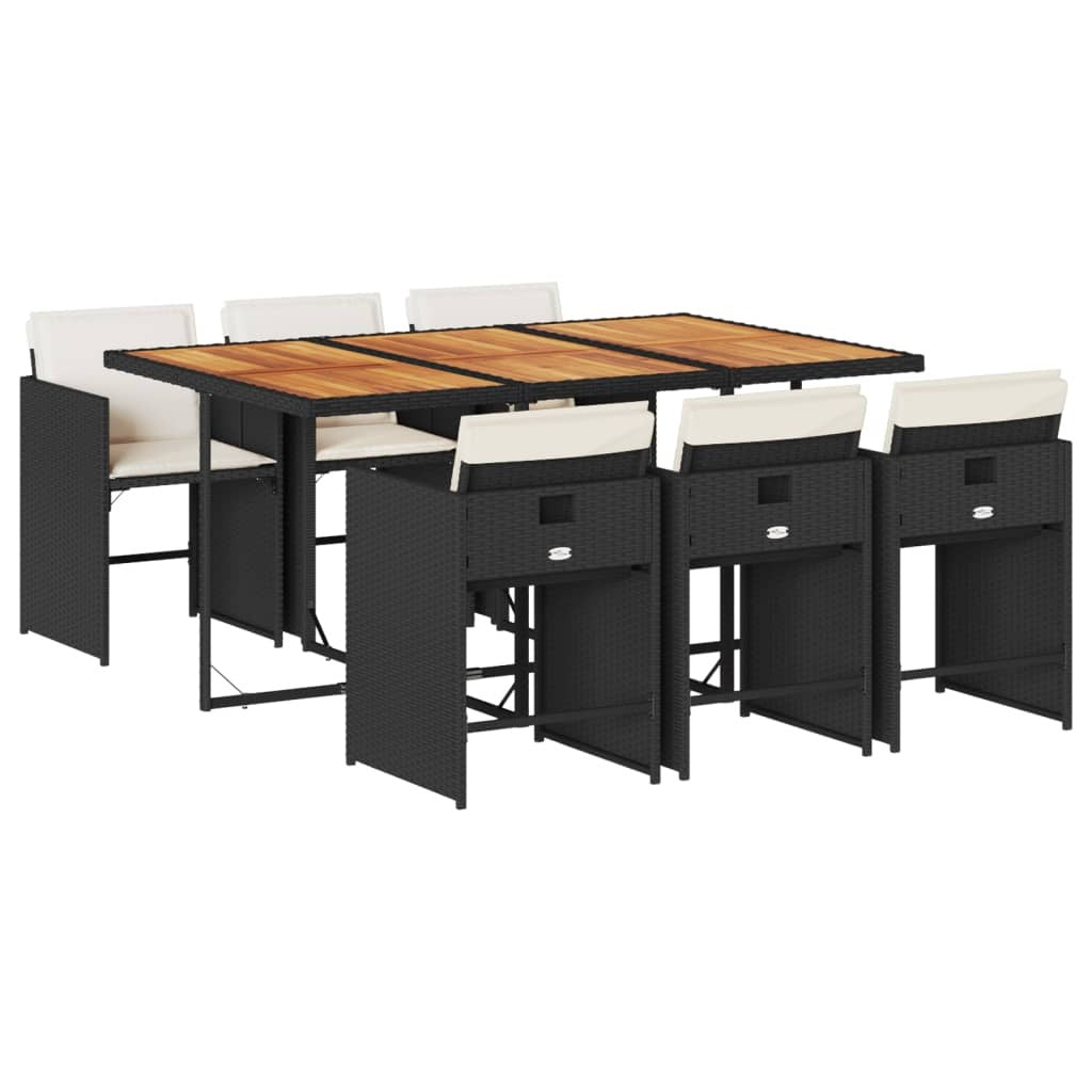7 Piece Patio Dining Set with Cushions Black Poly Rattan