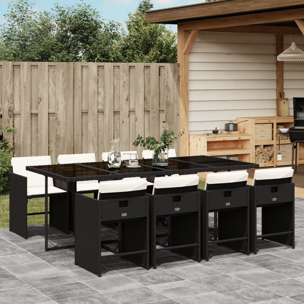 9 Piece Patio Dining Set with Cushions Black Poly Rattan