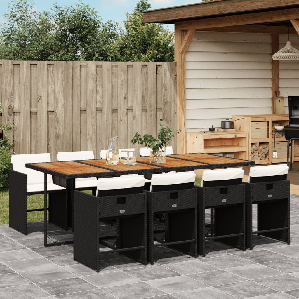 9 Piece Patio Dining Set with Cushions Black Poly Rattan