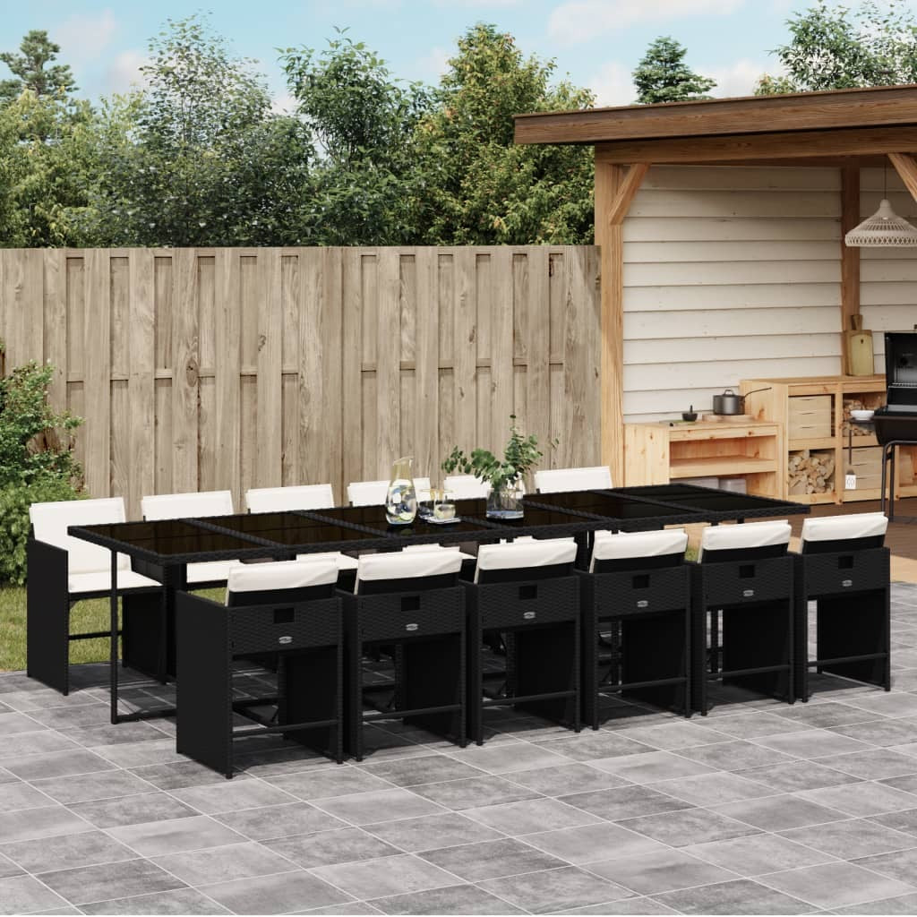 13 Piece Patio Dining Set with Cushions Black Poly Rattan