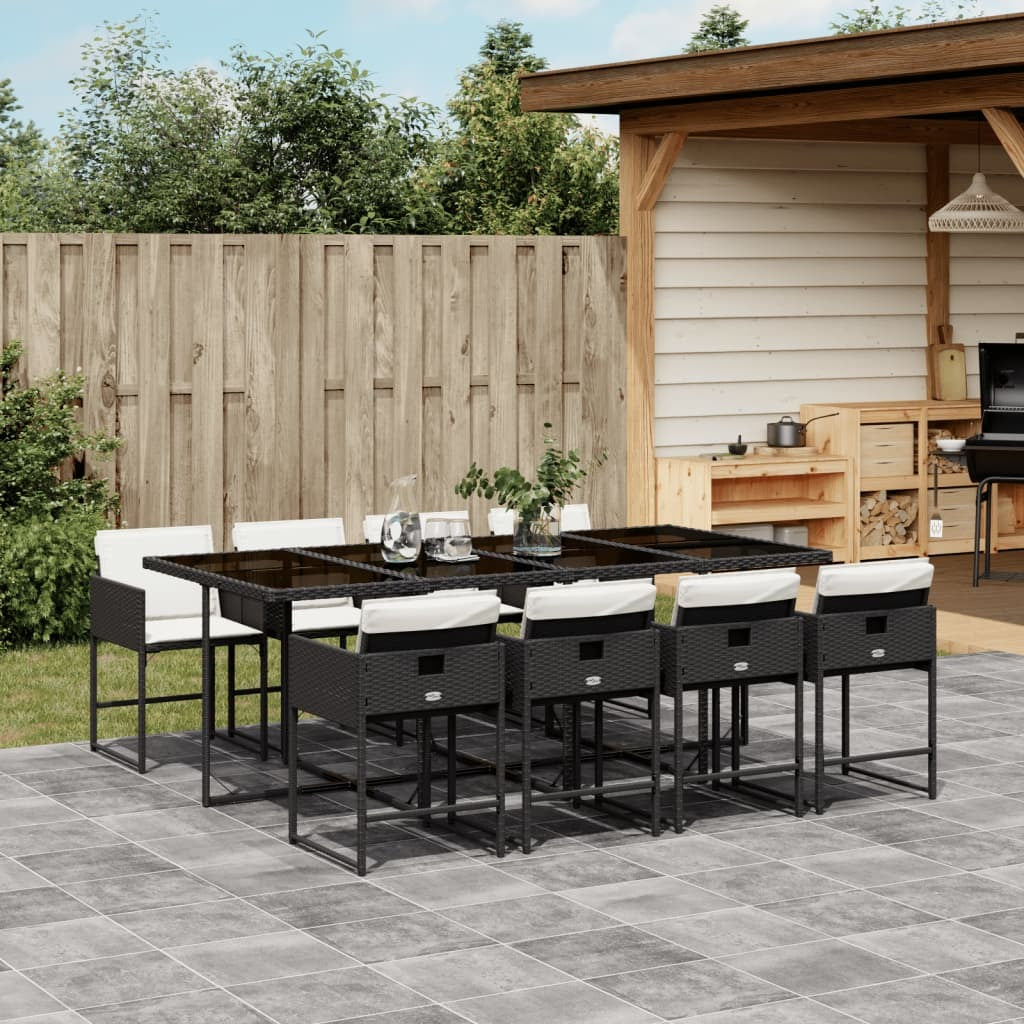 9 Piece Patio Dining Set with Cushions Black Poly Rattan