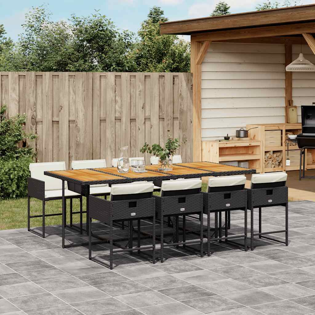 9 Piece Patio Dining Set with Cushions Black Poly Rattan