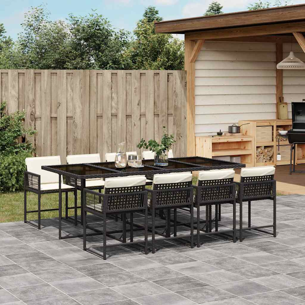 9 Piece Patio Dining Set with Cushions Black Poly Rattan