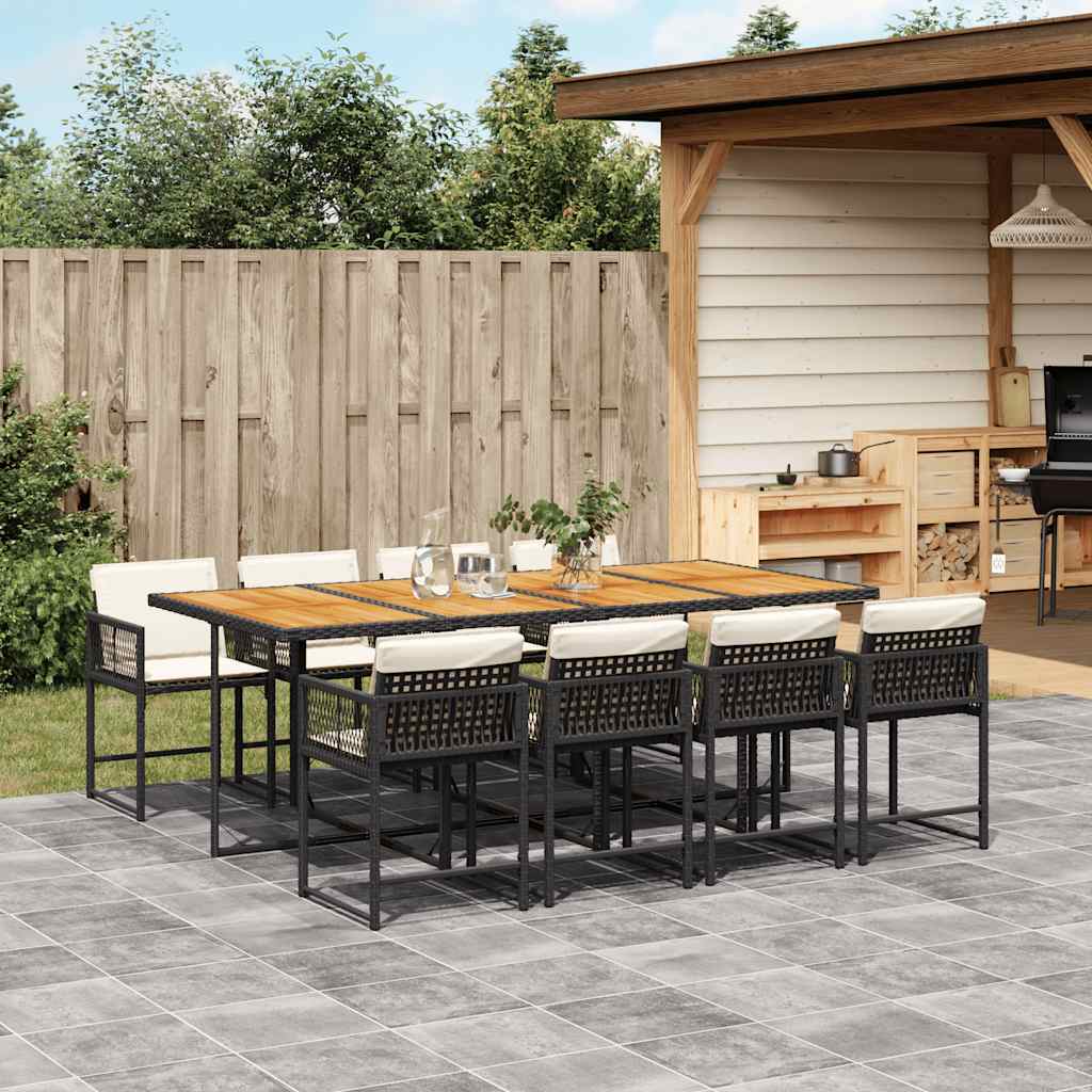 9 Piece Patio Dining Set with Cushions Black Poly Rattan