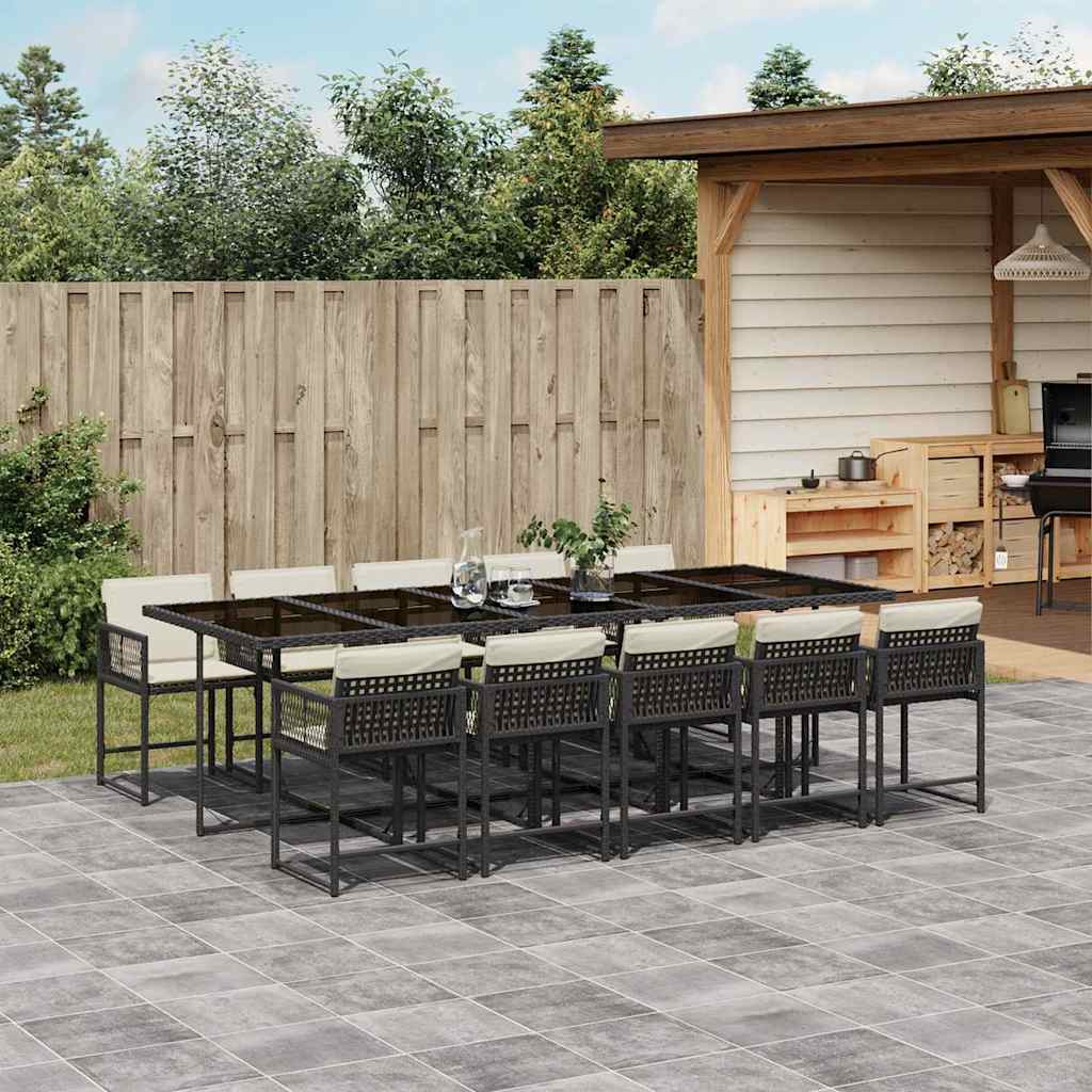 11 Piece Patio Dining Set with Cushions Black Poly Rattan