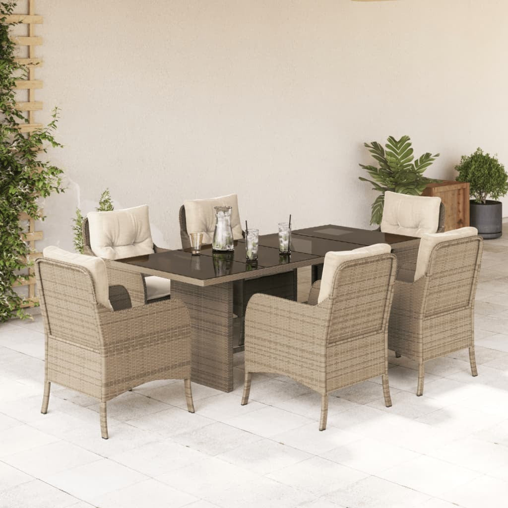 7 Piece Patio Dining Set with Cushions Beige Poly Rattan