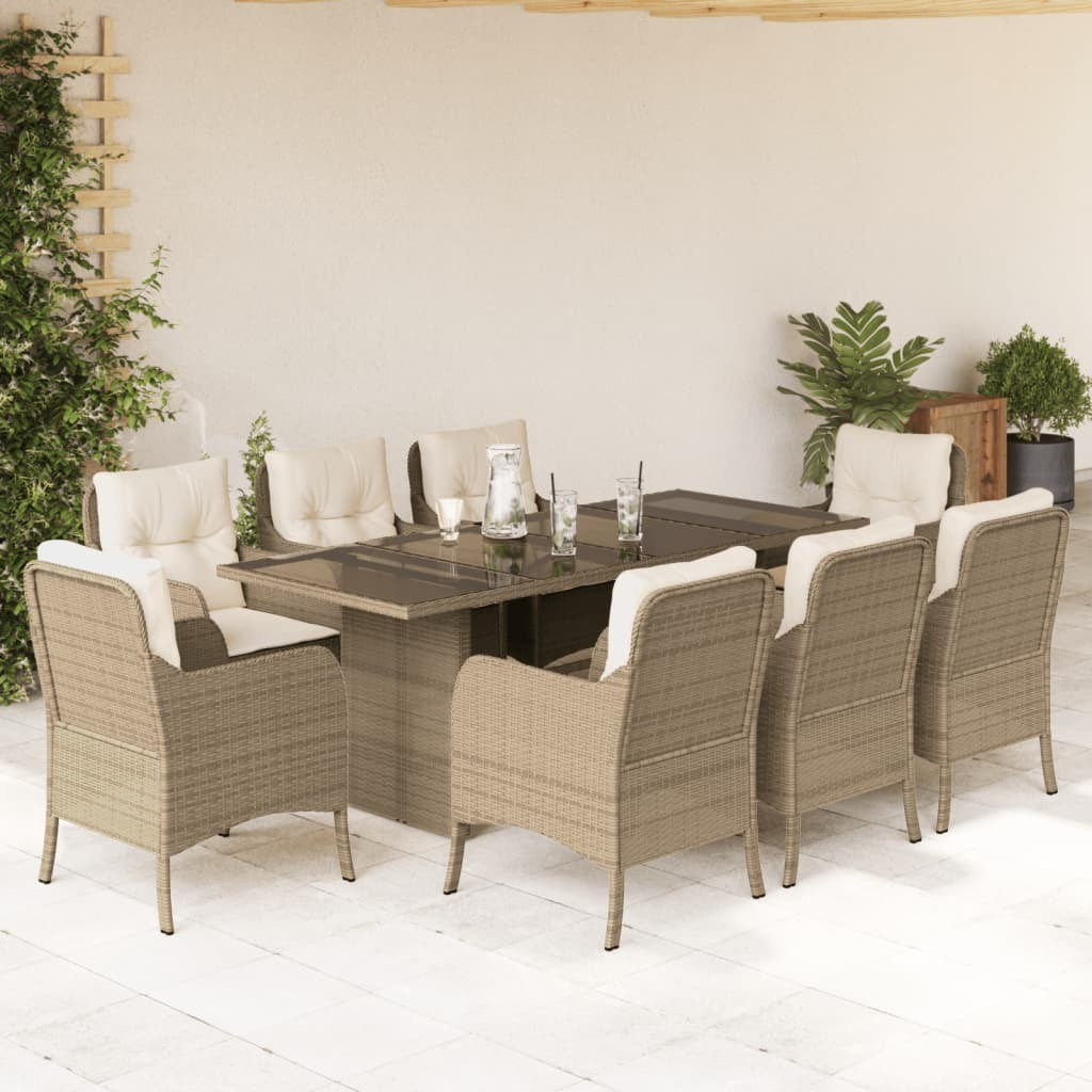 9 Piece Patio Dining Set with Cushions Beige Poly Rattan