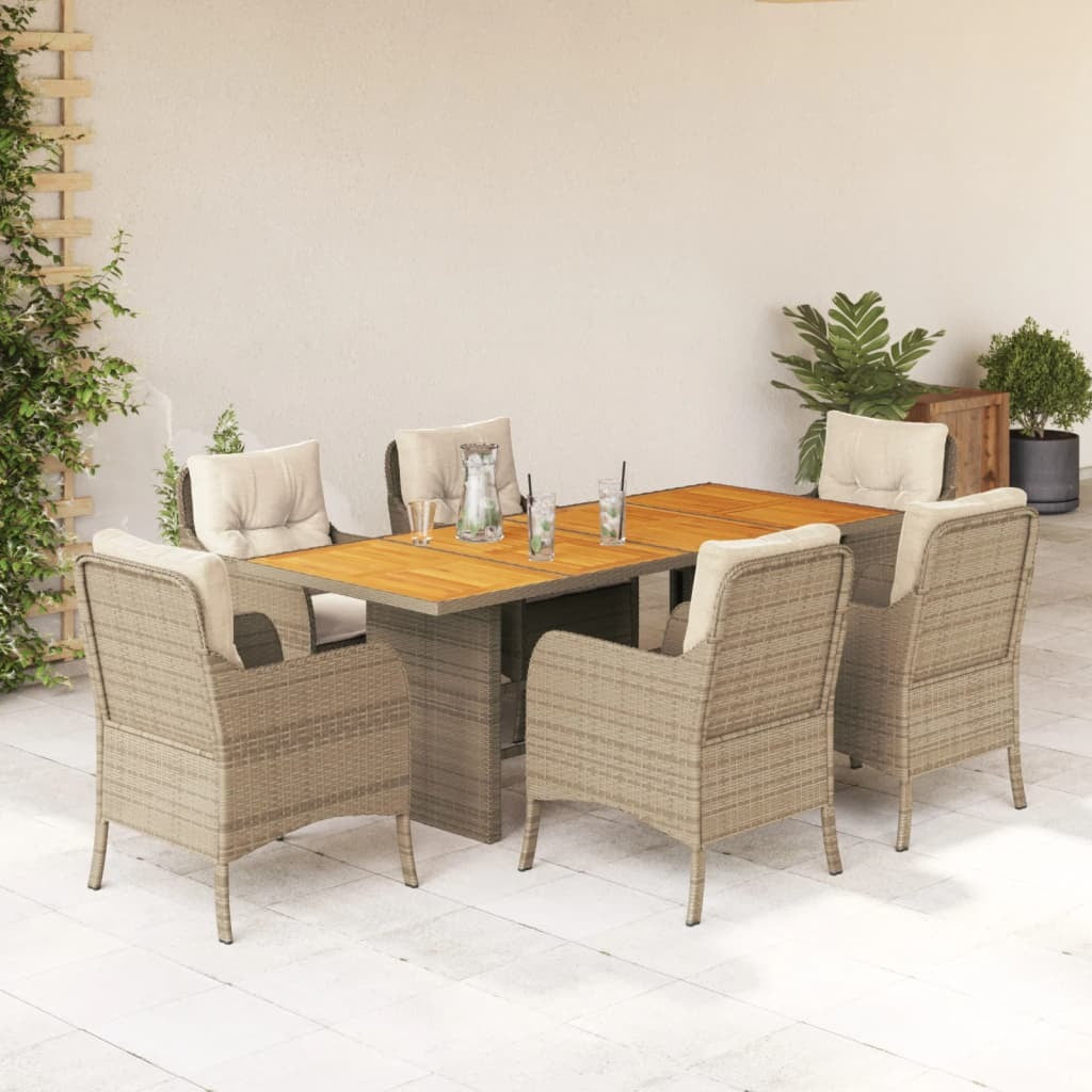 7 Piece Patio Dining Set with Cushions Beige Poly Rattan