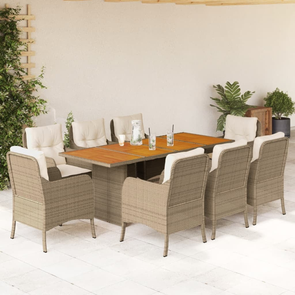 9 Piece Patio Dining Set with Cushions Beige Poly Rattan