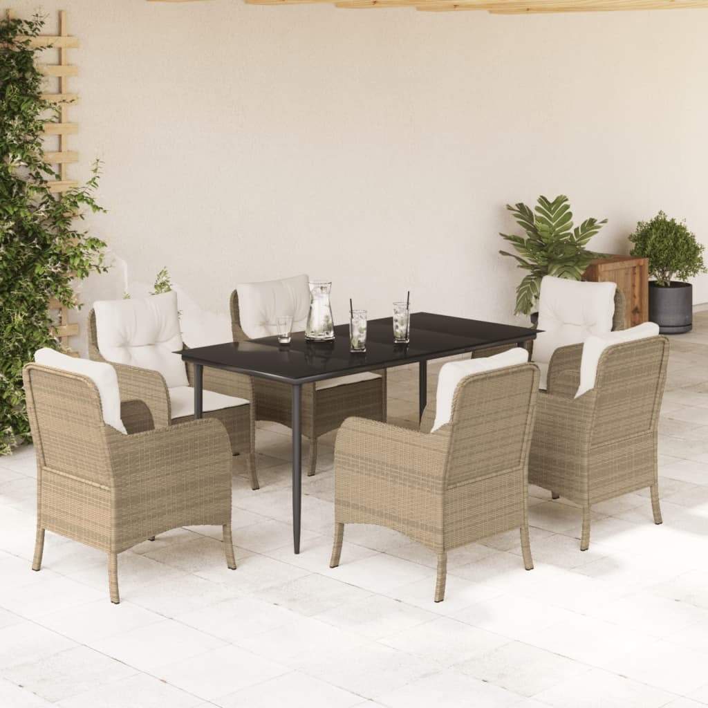 7 Piece Patio Dining Set with Cushions Beige Poly Rattan