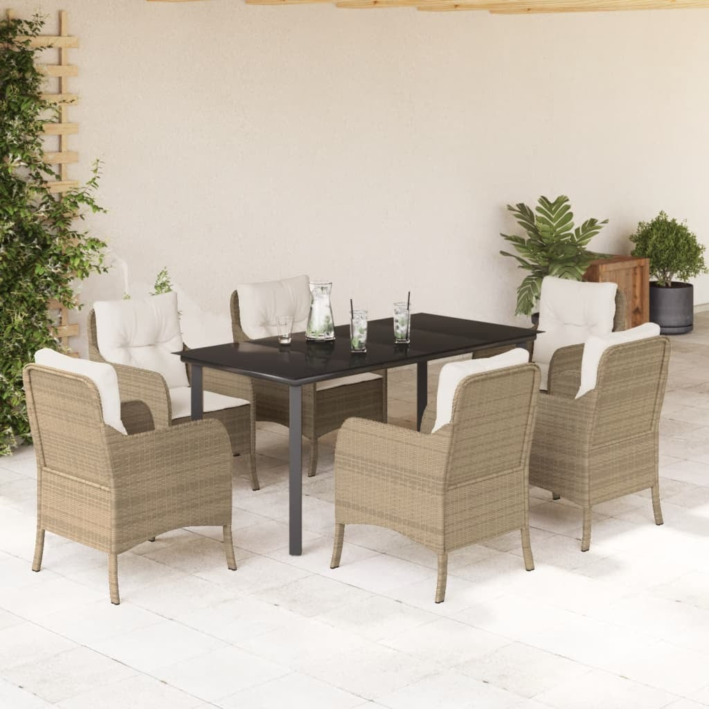 7 Piece Patio Dining Set with Cushions Beige Poly Rattan