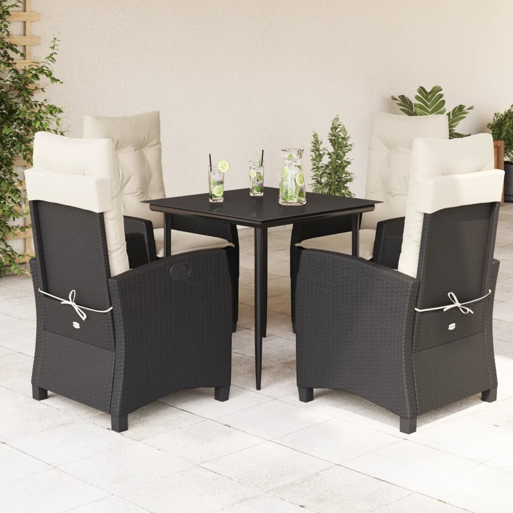 5 Piece Patio Dining Set with Cushions Black Poly Rattan