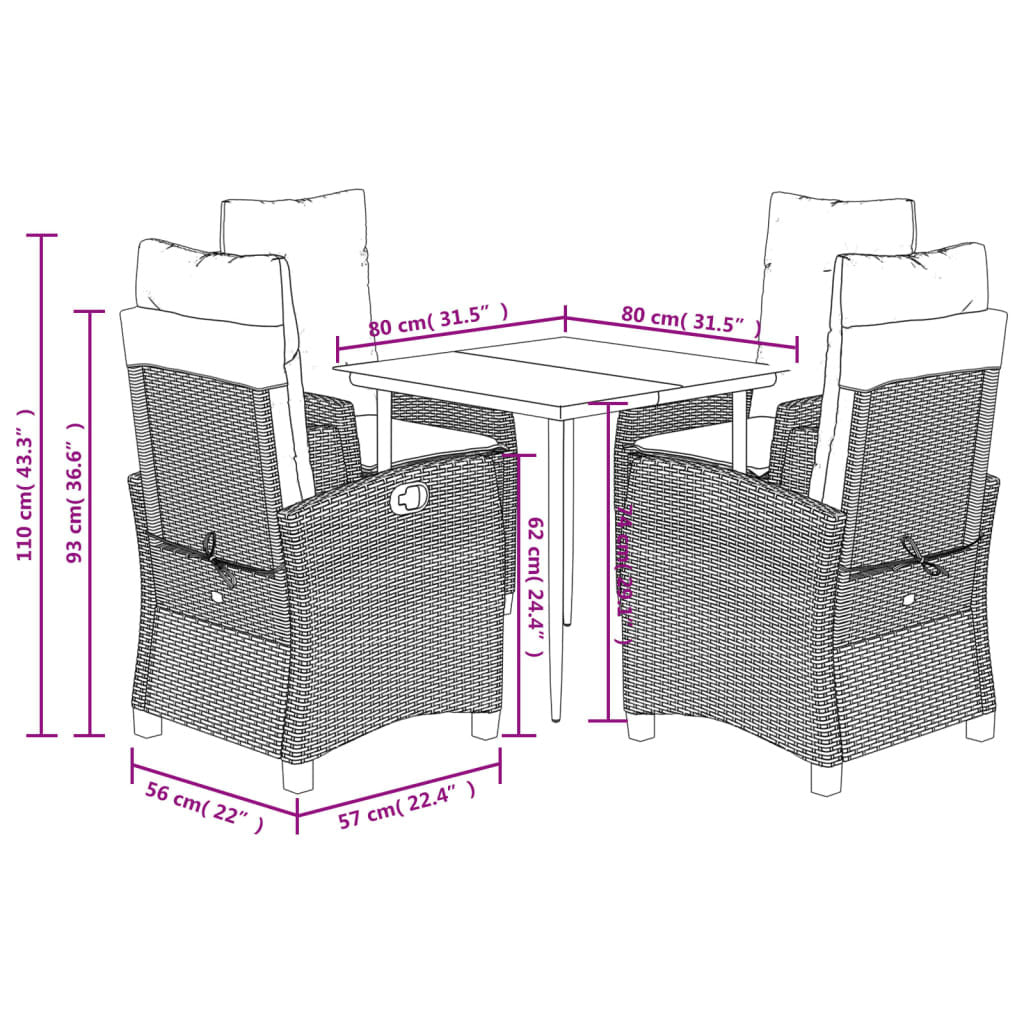 5 Piece Patio Dining Set with Cushions Black Poly Rattan