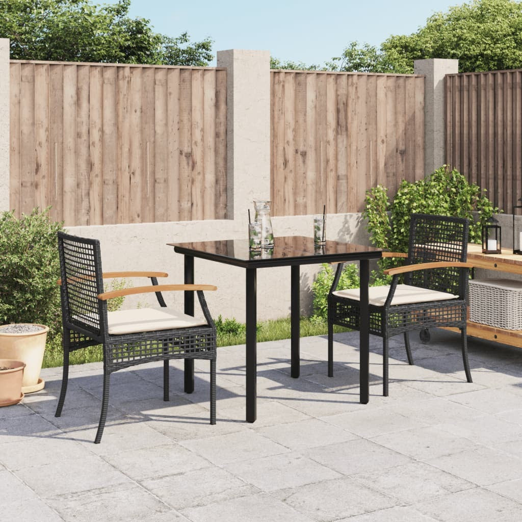 3 Piece Patio Dining Set with Cushions Black Poly Rattan