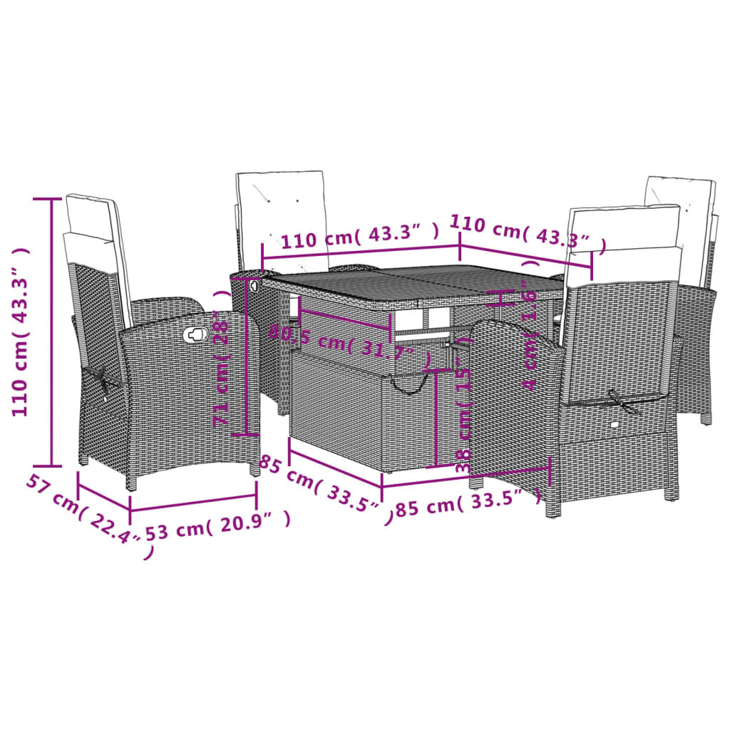 5 Piece Patio Dining Set with Cushions Gray Poly Rattan