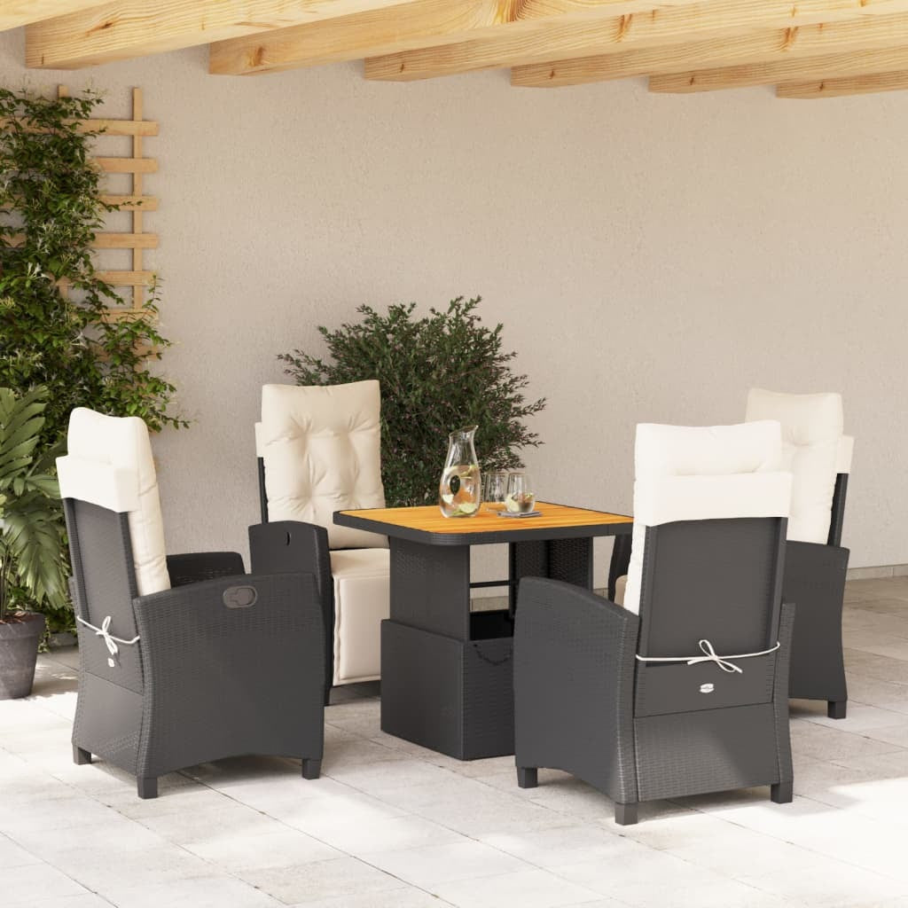 5 Piece Patio Dining Set with Cushions Black Poly Rattan