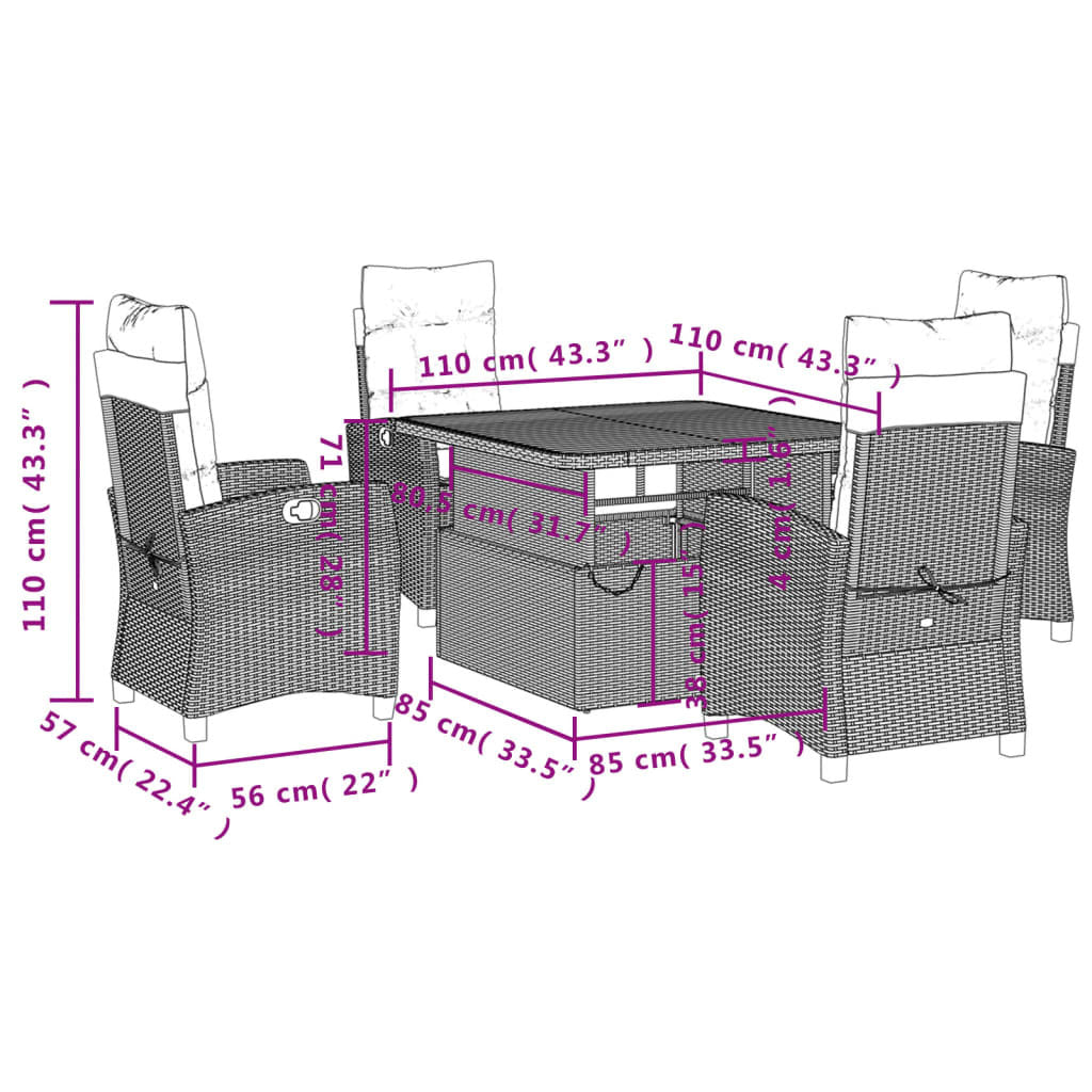 5 Piece Patio Dining Set with Cushions Gray Poly Rattan