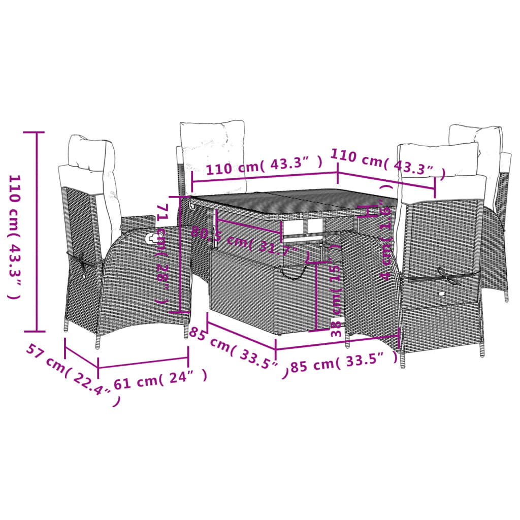 5 Piece Patio Dining Set with Cushions Gray Poly Rattan