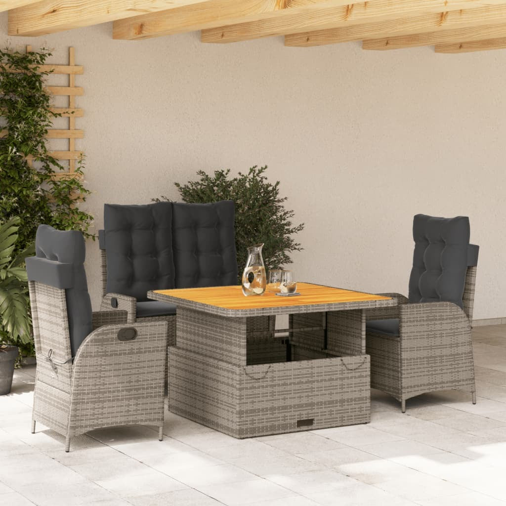 4 Piece Patio Dining Set with Cushions Gray Poly Rattan