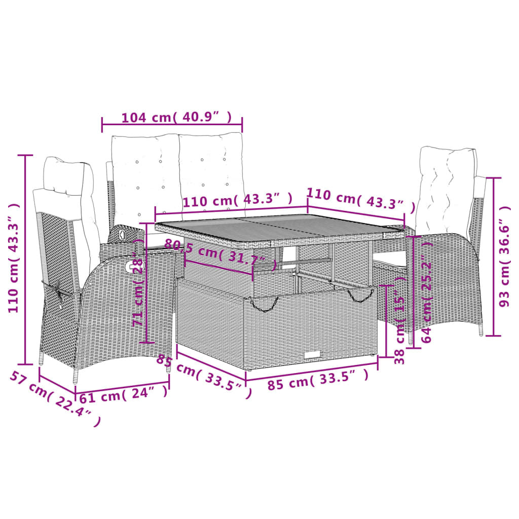 4 Piece Patio Dining Set with Cushions Gray Poly Rattan
