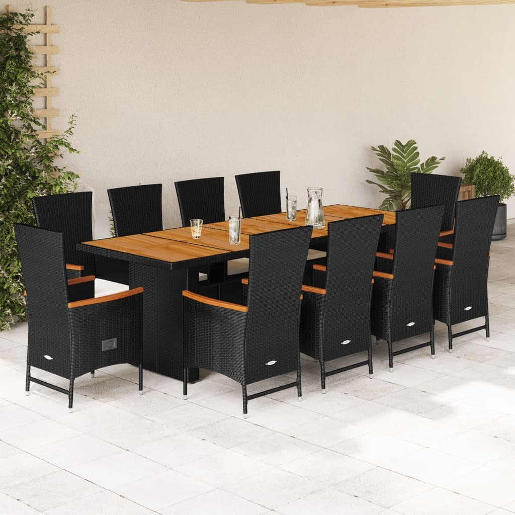 11 Piece Patio Dining Set with Cushions Black Poly Rattan