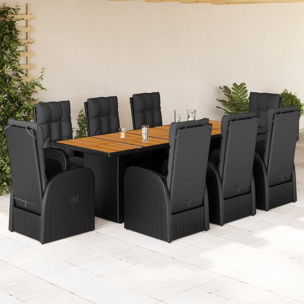9 Piece Patio Dining Set with Cushions Black Poly Rattan