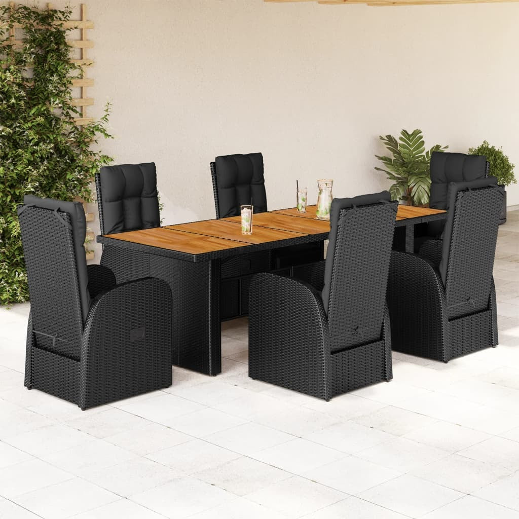 7 Piece Patio Dining Set with Cushions Black Poly Rattan