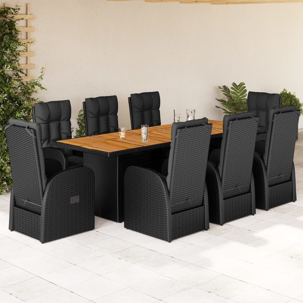 9 Piece Patio Dining Set with Cushions Black Poly Rattan