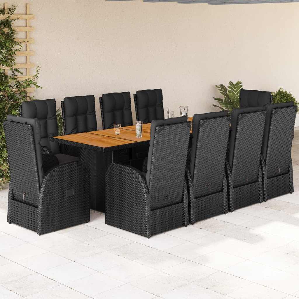11 Piece Patio Dining Set with Cushions Black Poly Rattan