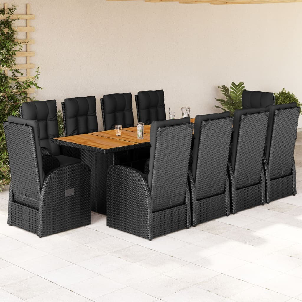11 Piece Patio Dining Set with Cushions Black Poly Rattan