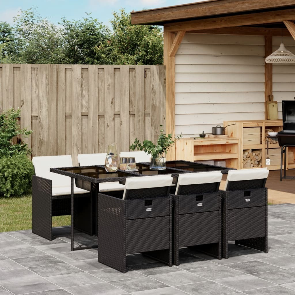 7 Piece Patio Dining Set with Cushions Black Poly Rattan