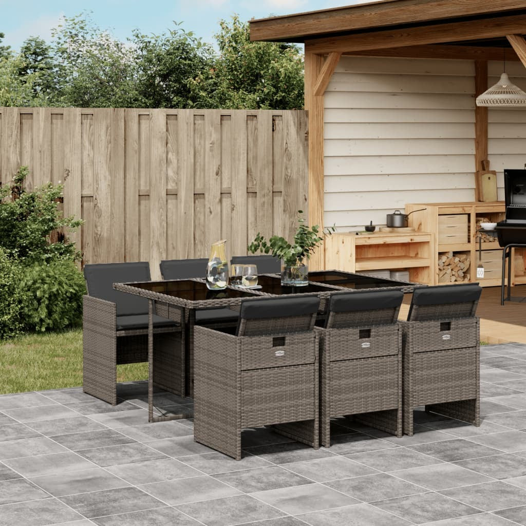 7 Piece Patio Dining Set with Cushions Gray Poly Rattan