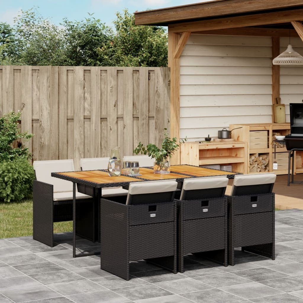 7 Piece Patio Dining Set with Cushions Black Poly Rattan