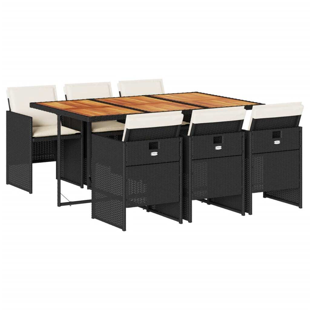 7 Piece Patio Dining Set with Cushions Black Poly Rattan