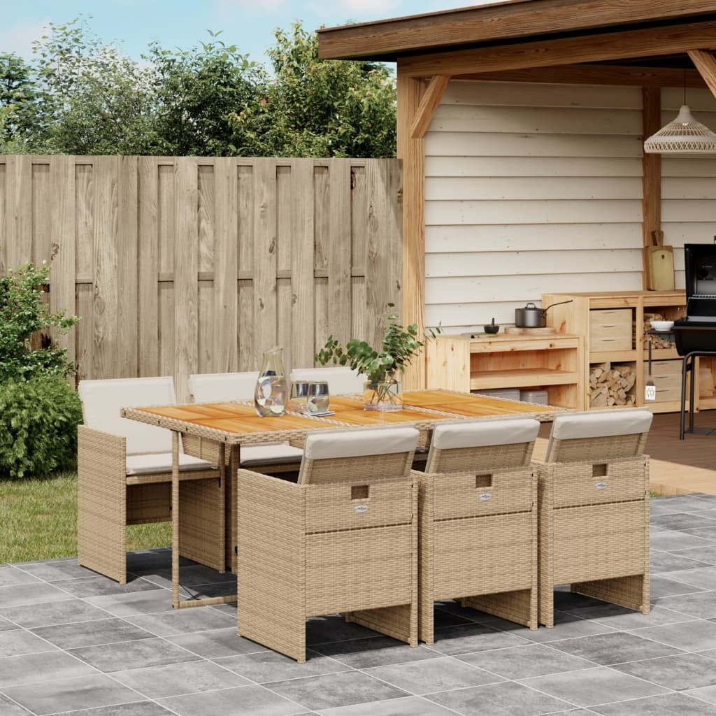 7 Piece Patio Dining Set with Cushions Beige Poly Rattan