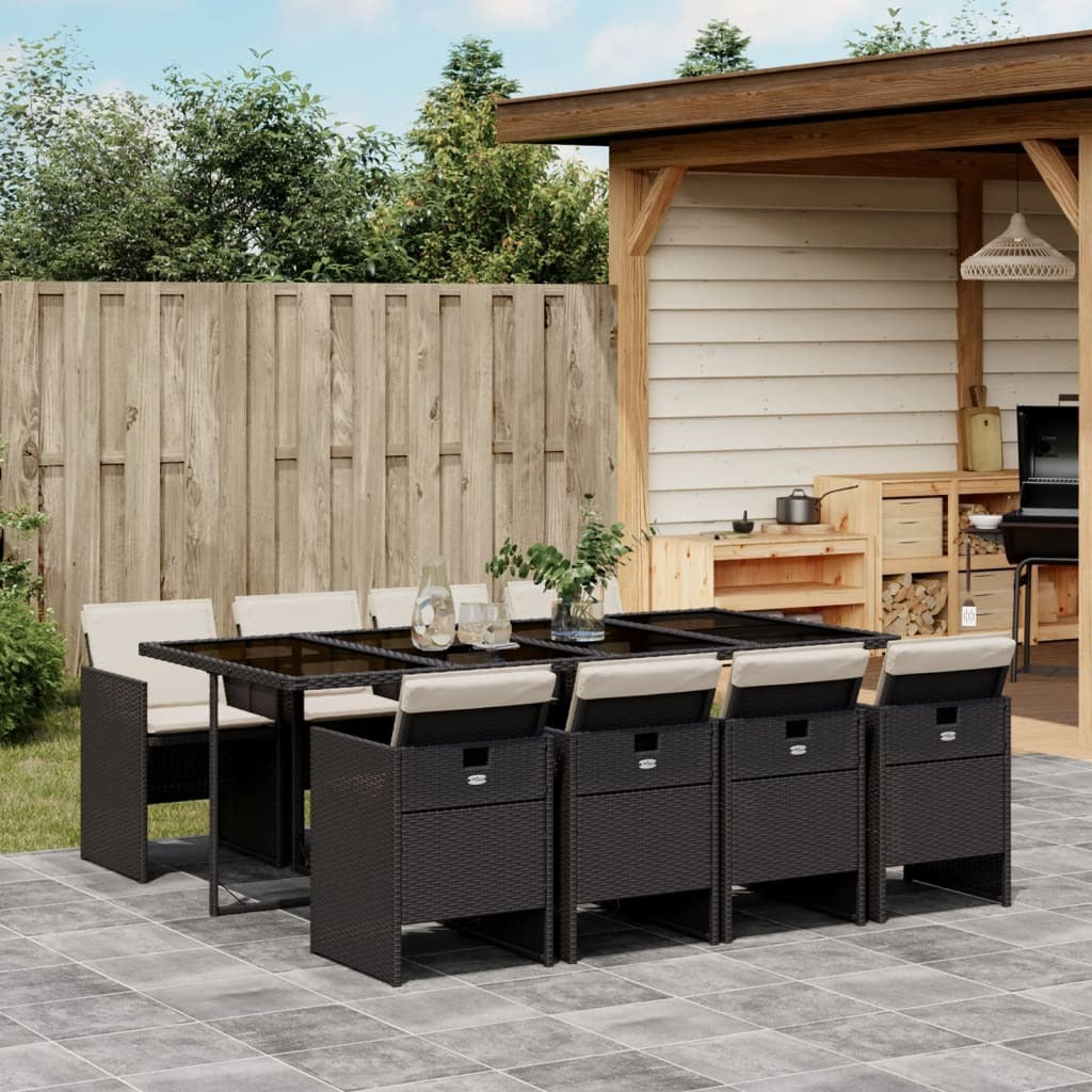 9 Piece Patio Dining Set with Cushions Black Poly Rattan